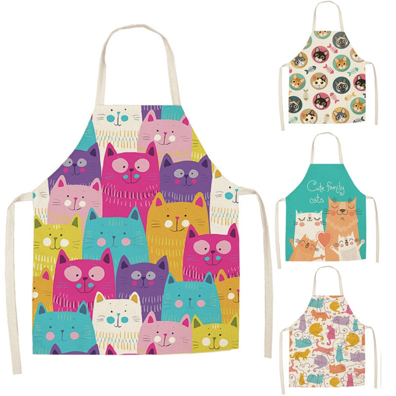 Kitchen Apron Cartoon Cat Printed Sleeveless Cotton Linen Aprons for Men Women Home Cleaning