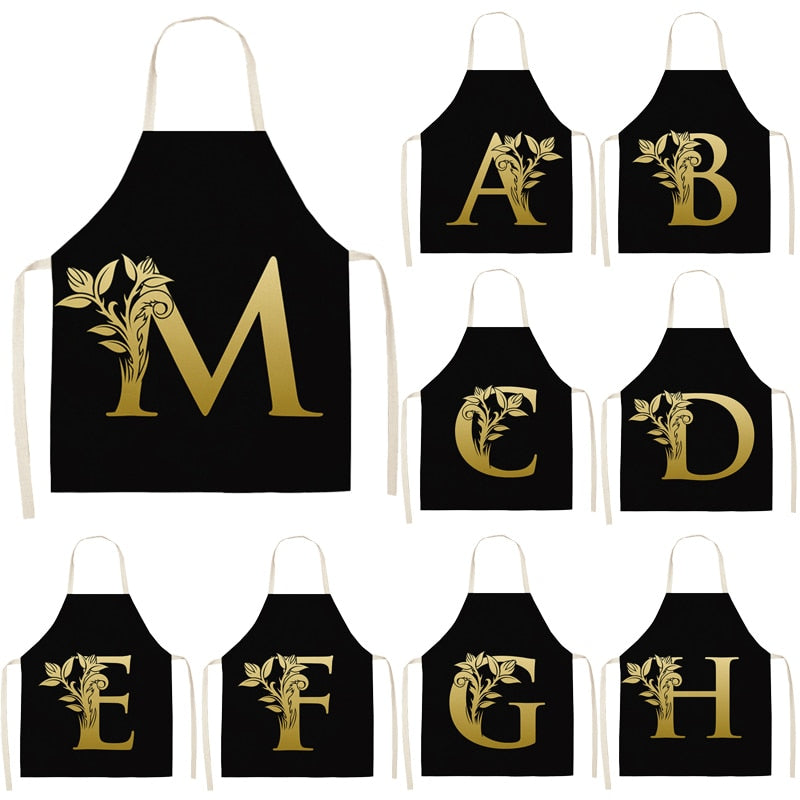 Gold Letter Alphabet Pattern Kitchen Apron For Woman Sleeveless Cotton Linen Aprons Cooking Home Cleaning