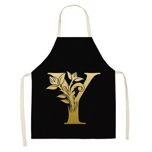 Gold Letter Alphabet Pattern Kitchen Apron For Woman Sleeveless Cotton Linen Aprons Cooking Home Cleaning