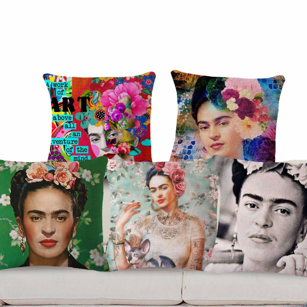 Square 18" Cushion Cover Frida Kahlo Colorful Flowers Pillowcase Woven Pillow Covers Polyester&Linen Home Decor Drop