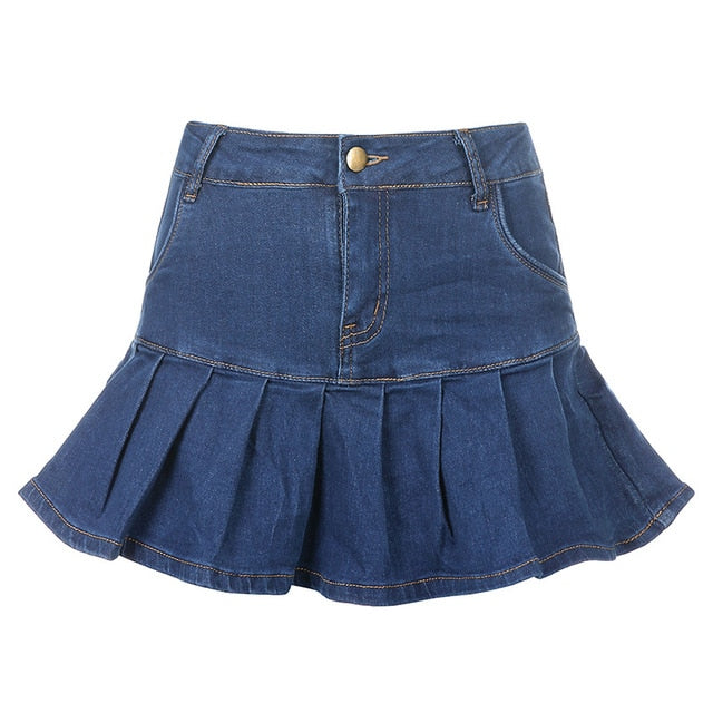 Denim Pleated Skirts Mini Solid Casual Woman Fashion Korean Style High Waist Skirt with Lined Hot Club Party Girls