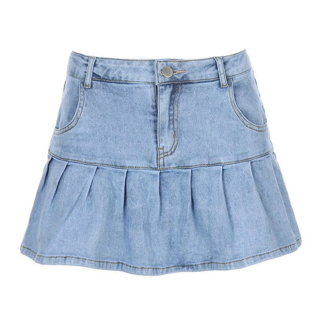 Denim Pleated Skirts Mini Solid Casual Woman Fashion Korean Style High Waist Skirt with Lined Hot Club Party Girls