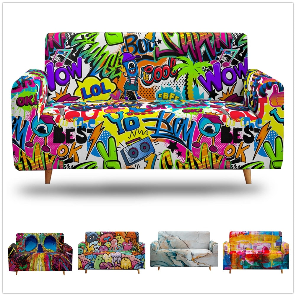 3D Hip-hop Print Elastic Sofa Cover Graffiti Stretch Couch Cover for Living Room Armchair Slipcover