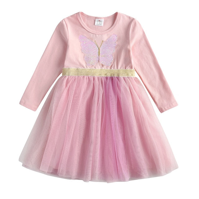 Girls Dress Butterfly Sequins Kids Long Sleeve Dresses Baby Girls Princess Dress Party Clothes Birthday Dresses