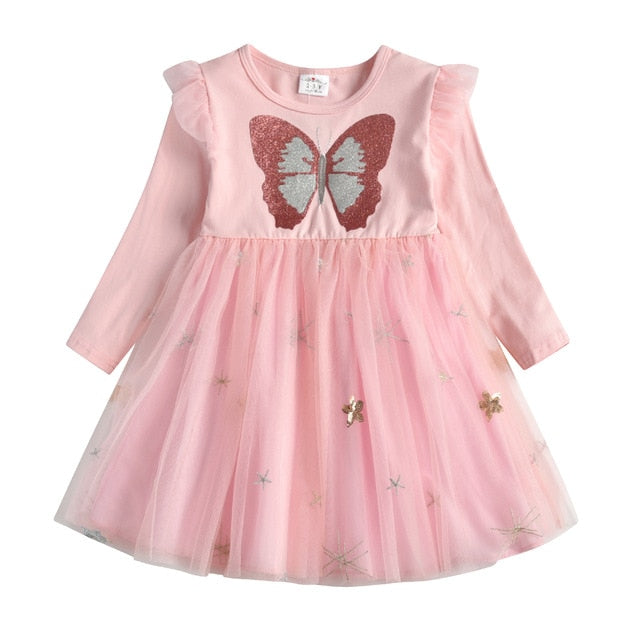 Girls Dress Butterfly Sequins Kids Long Sleeve Dresses Baby Girls Princess Dress Party Clothes Birthday Dresses