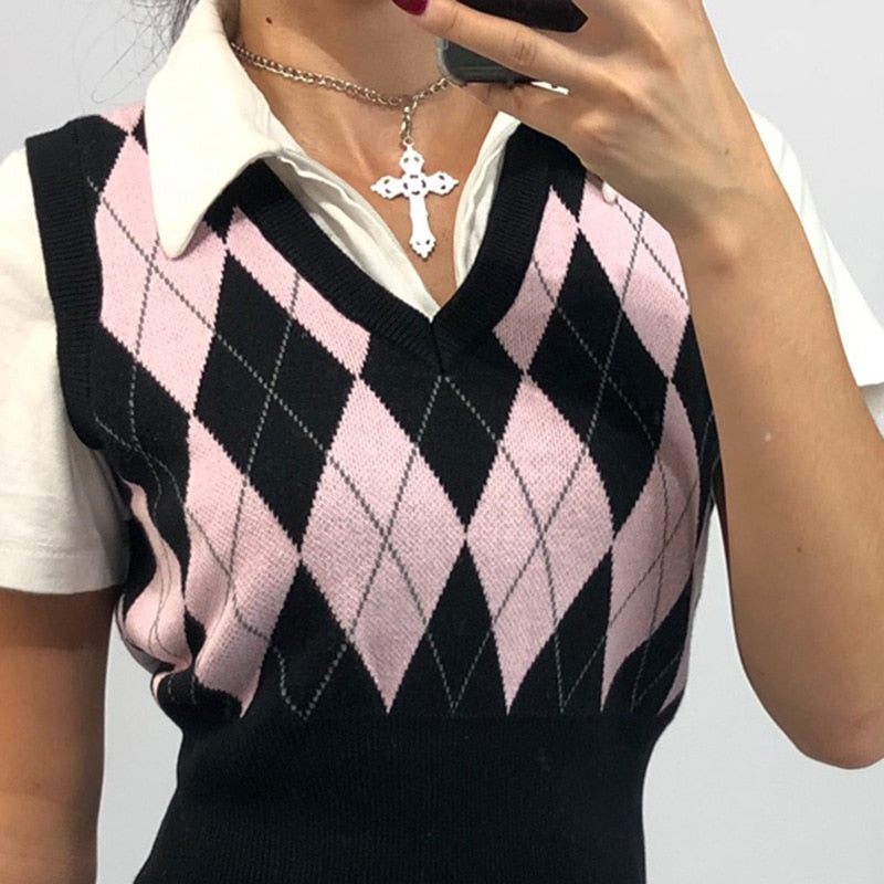 VintageCrop Top Argyle Sweater Vest V Neck Sleeveless Tank Jumper Preppy Style Plaid Knitted Pullover Autumn Winter Clothes