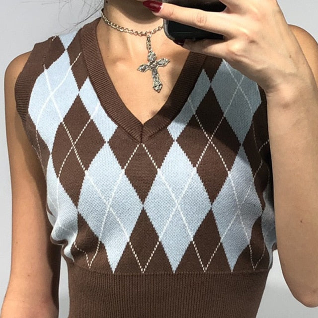VintageCrop Top Argyle Sweater Vest V Neck Sleeveless Tank Jumper Preppy Style Plaid Knitted Pullover Autumn Winter Clothes