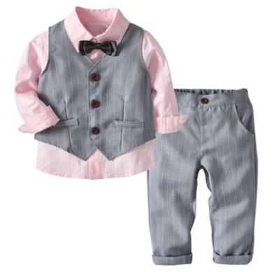 Kid Boy Clothes Gentleman Grey Vest + Long-Sleeved White Pink Shirt + Pants Four-Piece Suits Infant Children Outfits