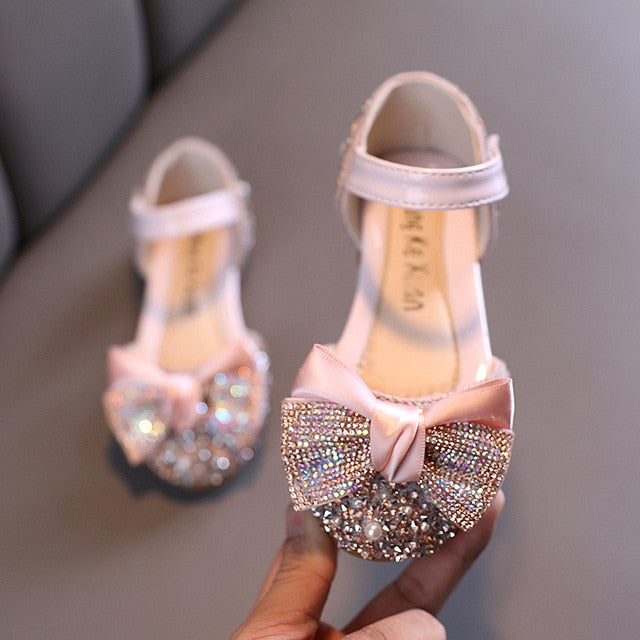 Children Leather Shoes Rhinestone Bow Princess Girls Party Dance Shoes Baby Student Flats Kids Performance Shoes