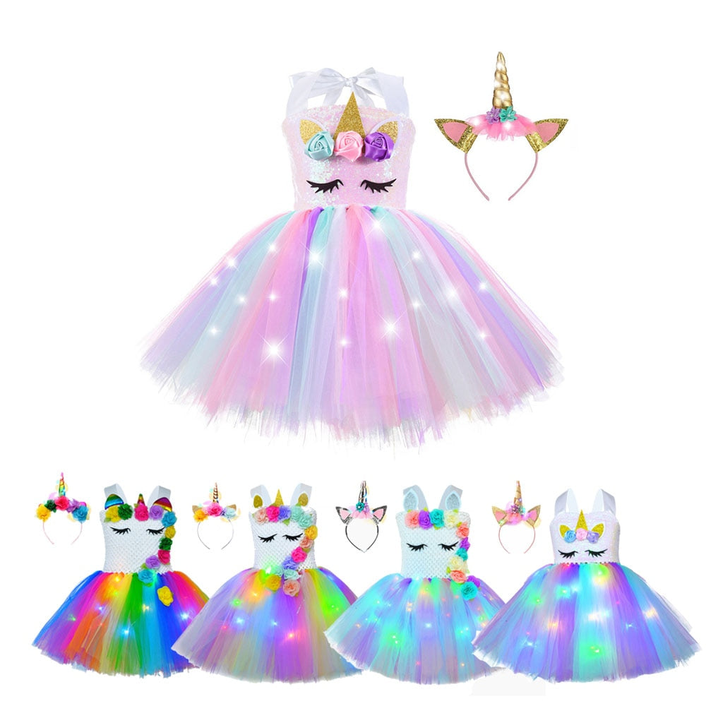 Girl Unicorn Dresses for Girls Tutu Princess Party Dresses with LED Lights Flower Birthday Party Cosplay Costume Girls Clothing