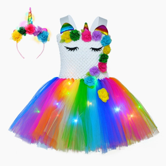 Girl Unicorn Dresses for Girls Tutu Princess Party Dresses with LED Lights Flower Birthday Party Cosplay Costume Girls Clothing