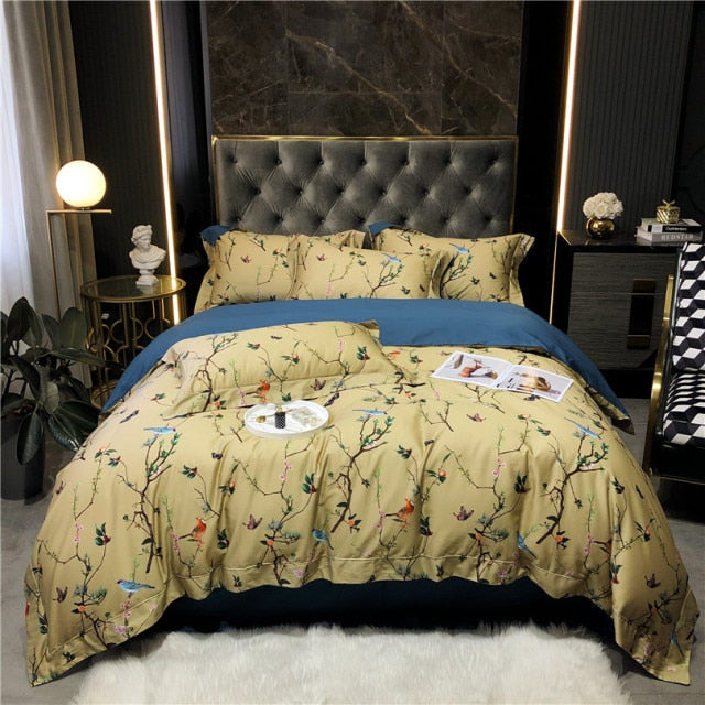 Egyptian Cotton Bedding Queen King size 4Pcs Birds and Flowers Leaf Gray Shabby Duvet Cover Bed sheet Pillow shams