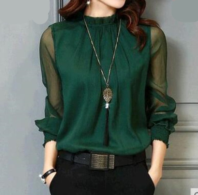 Chiffon Blouse Tops Long Sleeve Stand Neck Work Wear Shirts Elegant Lady Casual Blouses
