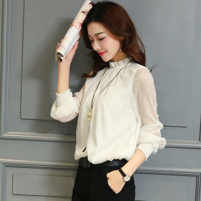 Chiffon Blouse Tops Long Sleeve Stand Neck Work Wear Shirts Elegant Lady Casual Blouses
