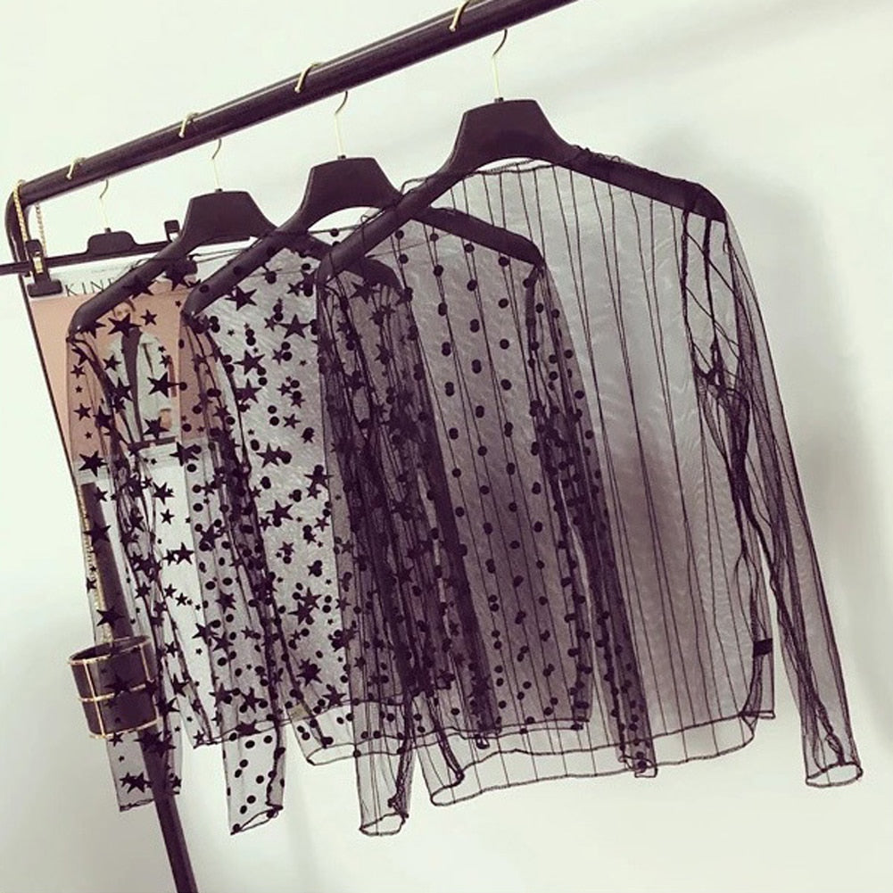 Women Long Sleeve See Through Mesh Fishnet Casual Top Tee Shirt Sheer Black Lace Star Dots