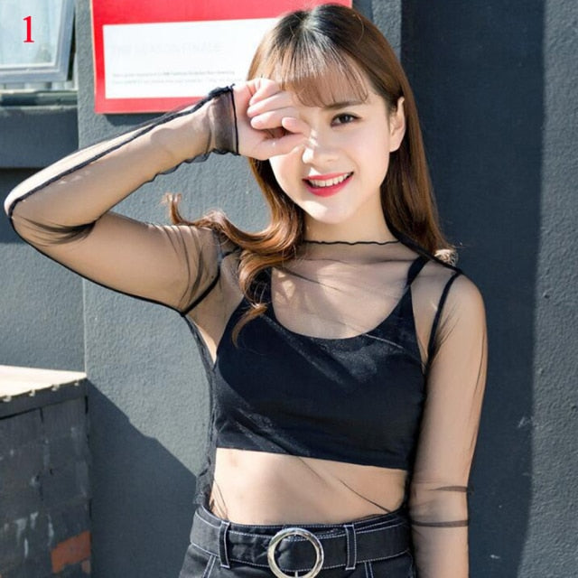 Women Long Sleeve See Through Mesh Fishnet Casual Top Tee Shirt Sheer Black Lace Star Dots