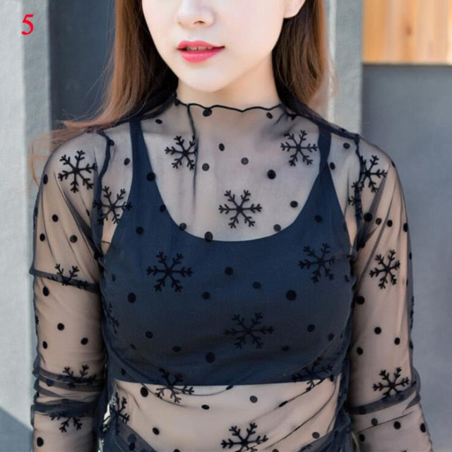 Women Long Sleeve See Through Mesh Fishnet Casual Top Tee Shirt Sheer Black Lace Star Dots