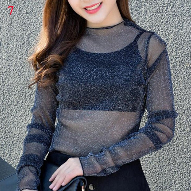 Women Long Sleeve See Through Mesh Fishnet Casual Top Tee Shirt Sheer Black Lace Star Dots