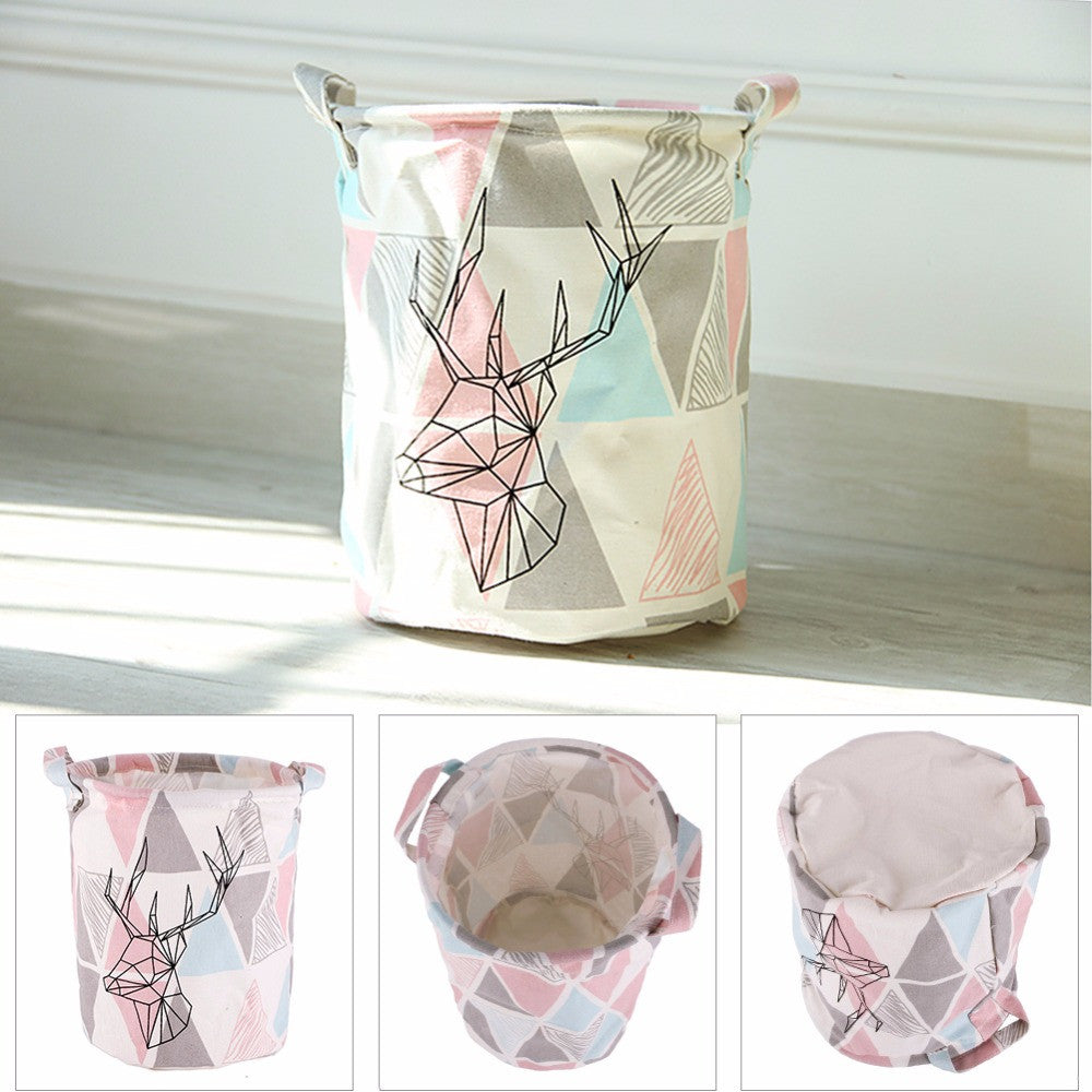 Retro Triangle Deer Pattern Linen Desk Toy Storage Box Holder Laundry Basket With Handle #226347