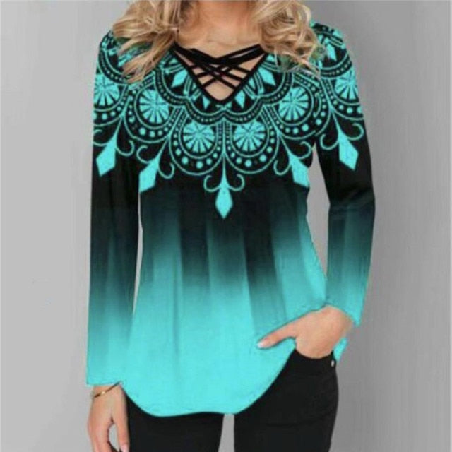 Oversized Blouses Long Sleeve Gradient Element Print Shirts Casual Cross V-Neck Ladies Tops