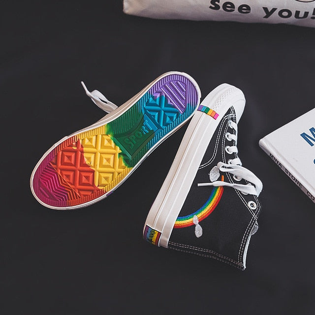 Vulcanized Shoes Woman Sneakers New Rainbow Retro Canvas Shoes Flat Fashion Comfortable High Shoes Women