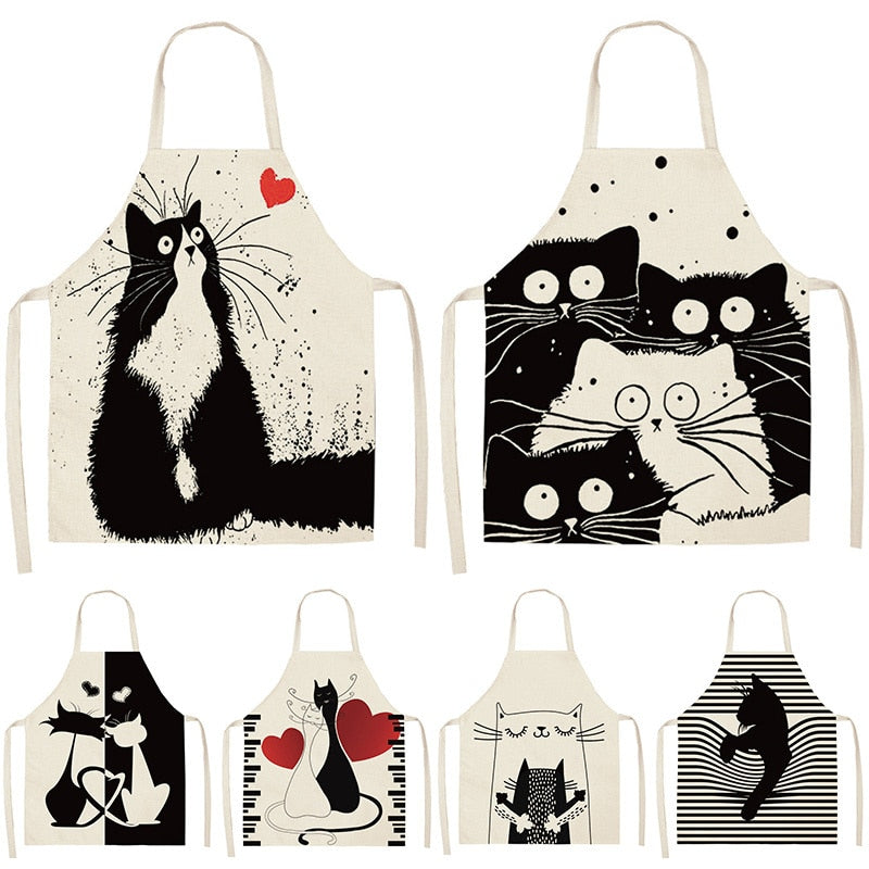 Black Cute Cat Printed Kitchen Cooking Baking Aprons Sleeveless Cotton Linen For Women Man Home