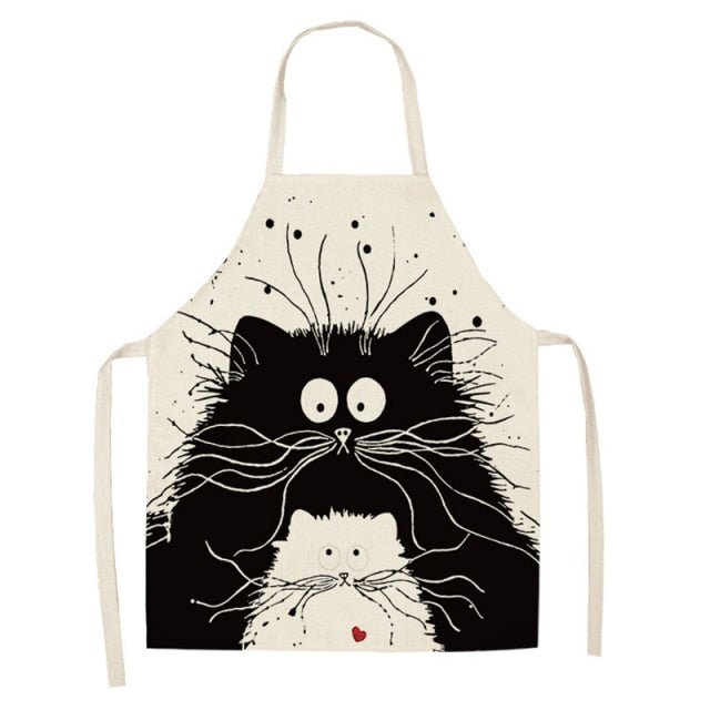 Black Cute Cat Printed Kitchen Cooking Baking Aprons Sleeveless Cotton Linen For Women Man Home