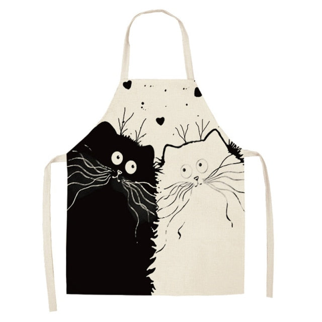 Black Cute Cat Printed Kitchen Cooking Baking Aprons Sleeveless Cotton Linen For Women Man Home