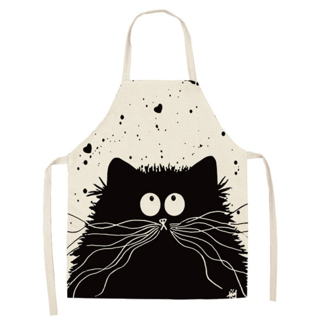 Black Cute Cat Printed Kitchen Cooking Baking Aprons Sleeveless Cotton Linen For Women Man Home