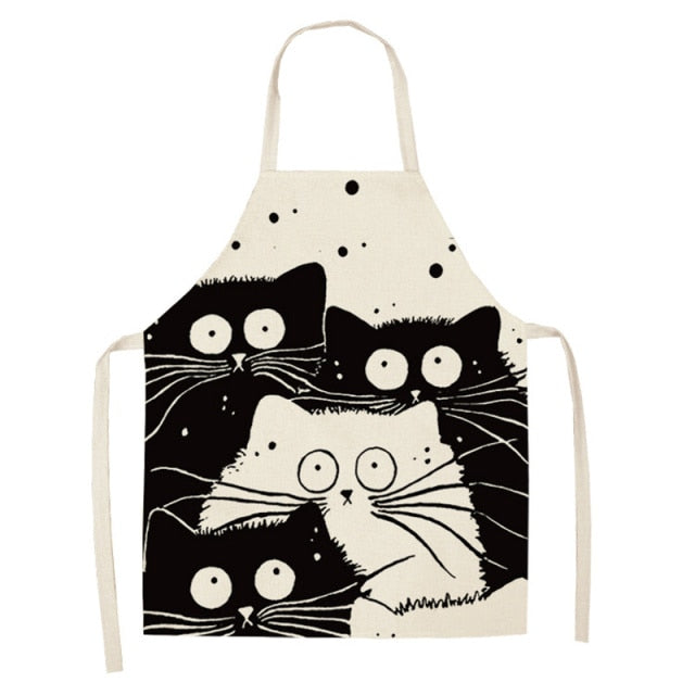Black Cute Cat Printed Kitchen Cooking Baking Aprons Sleeveless Cotton Linen For Women Man Home