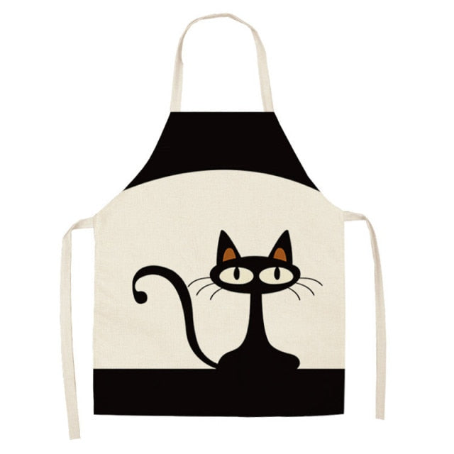Black Cute Cat Printed Kitchen Cooking Baking Aprons Sleeveless Cotton Linen For Women Man Home