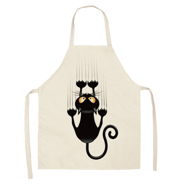 Black Cute Cat Printed Kitchen Cooking Baking Aprons Sleeveless Cotton Linen For Women Man Home