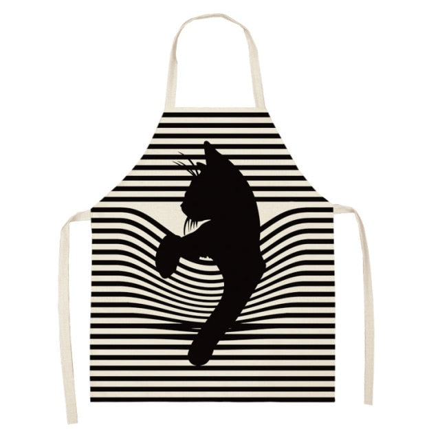Black Cute Cat Printed Kitchen Cooking Baking Aprons Sleeveless Cotton Linen For Women Man Home