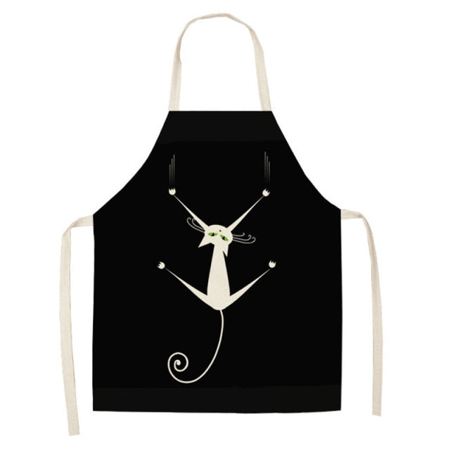 Black Cute Cat Printed Kitchen Cooking Baking Aprons Sleeveless Cotton Linen For Women Man Home