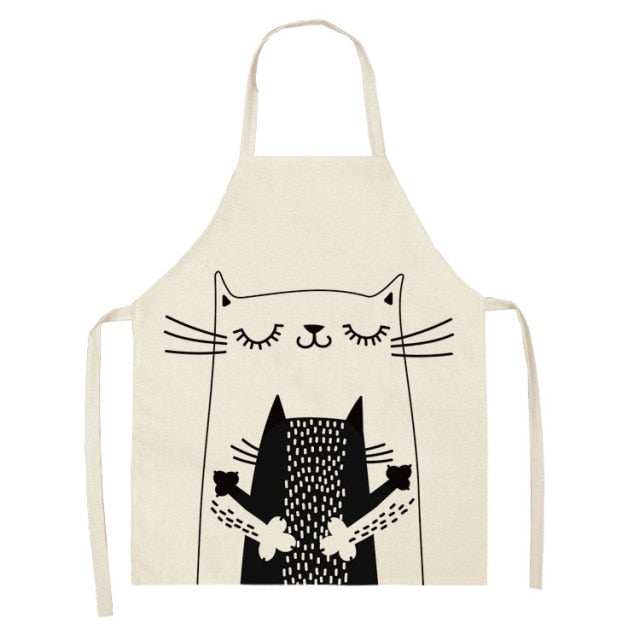 Black Cute Cat Printed Kitchen Cooking Baking Aprons Sleeveless Cotton Linen For Women Man Home