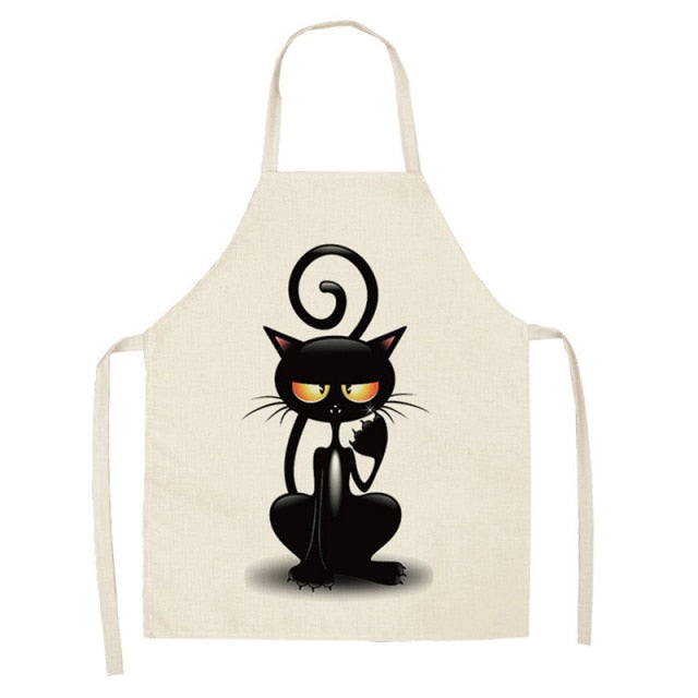 Black Cute Cat Printed Kitchen Cooking Baking Aprons Sleeveless Cotton Linen For Women Man Home