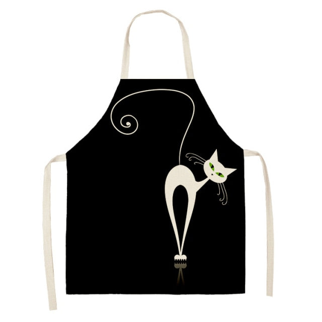 Black Cute Cat Printed Kitchen Cooking Baking Aprons Sleeveless Cotton Linen For Women Man Home