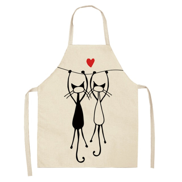 Black Cute Cat Printed Kitchen Cooking Baking Aprons Sleeveless Cotton Linen For Women Man Home