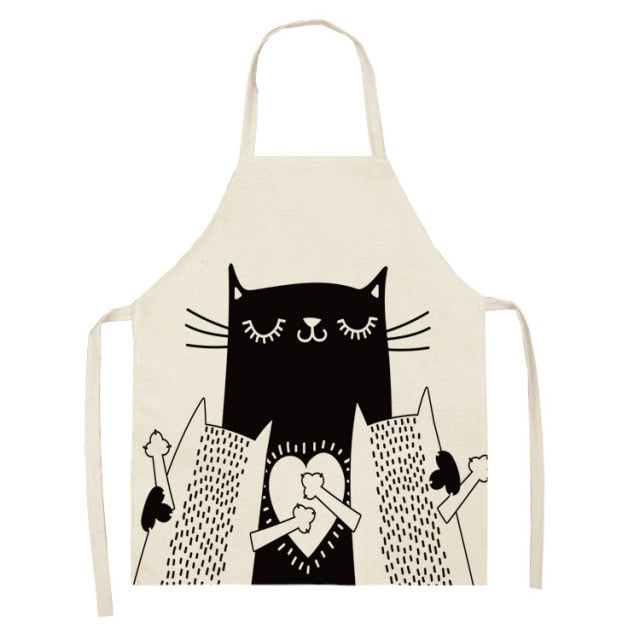 Black Cute Cat Printed Kitchen Cooking Baking Aprons Sleeveless Cotton Linen For Women Man Home