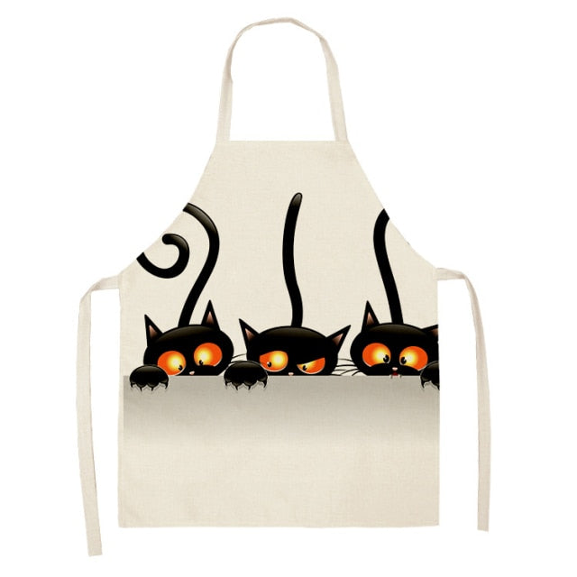 Black Cute Cat Printed Kitchen Cooking Baking Aprons Sleeveless Cotton Linen For Women Man Home