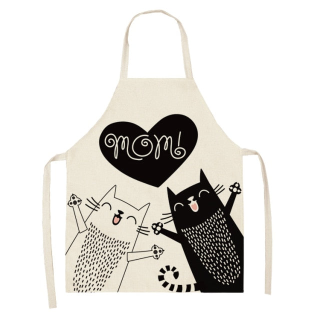 Black Cute Cat Printed Kitchen Cooking Baking Aprons Sleeveless Cotton Linen For Women Man Home