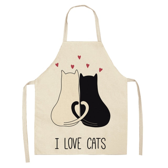 Black Cute Cat Printed Kitchen Cooking Baking Aprons Sleeveless Cotton Linen For Women Man Home