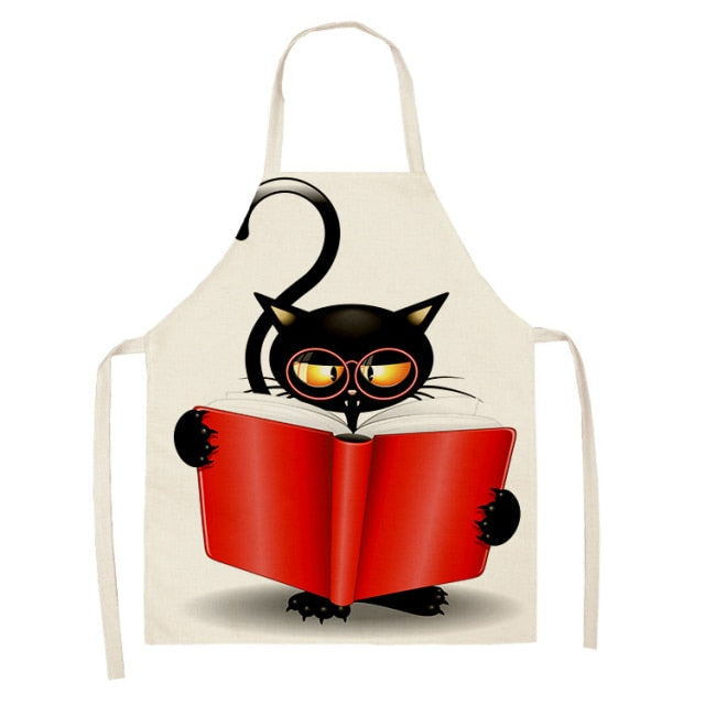 Black Cute Cat Printed Kitchen Cooking Baking Aprons Sleeveless Cotton Linen For Women Man Home