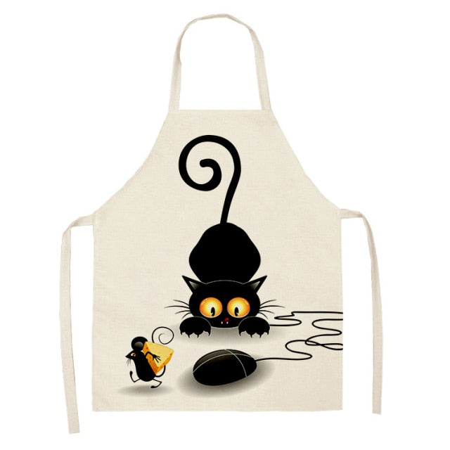 Black Cute Cat Printed Kitchen Cooking Baking Aprons Sleeveless Cotton Linen For Women Man Home