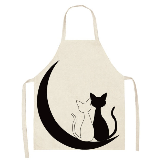 Black Cute Cat Printed Kitchen Cooking Baking Aprons Sleeveless Cotton Linen For Women Man Home
