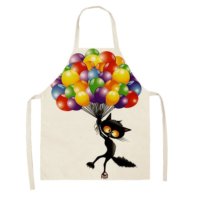 Black Cute Cat Printed Kitchen Cooking Baking Aprons Sleeveless Cotton Linen For Women Man Home
