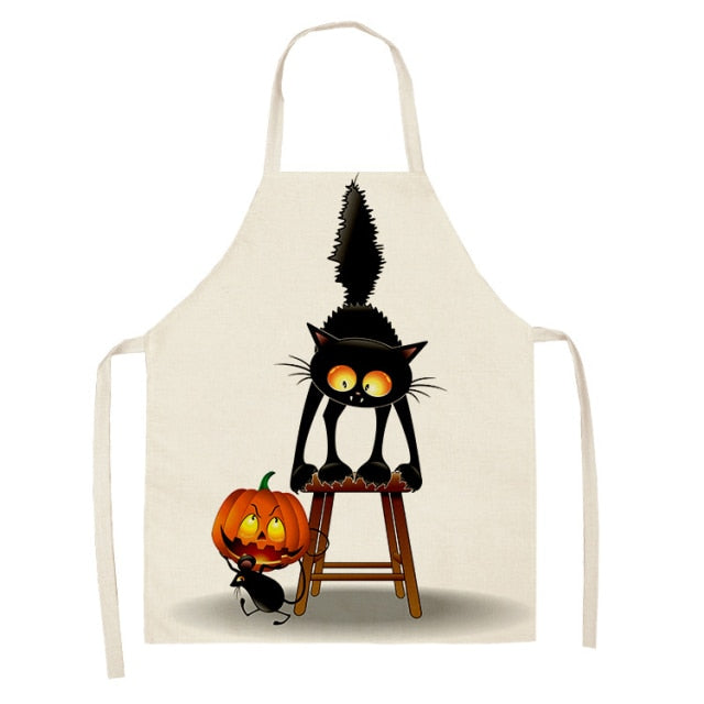 Black Cute Cat Printed Kitchen Cooking Baking Aprons Sleeveless Cotton Linen For Women Man Home