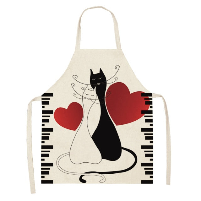 Black Cute Cat Printed Kitchen Cooking Baking Aprons Sleeveless Cotton Linen For Women Man Home