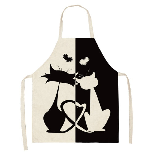 Black Cute Cat Printed Kitchen Cooking Baking Aprons Sleeveless Cotton Linen For Women Man Home