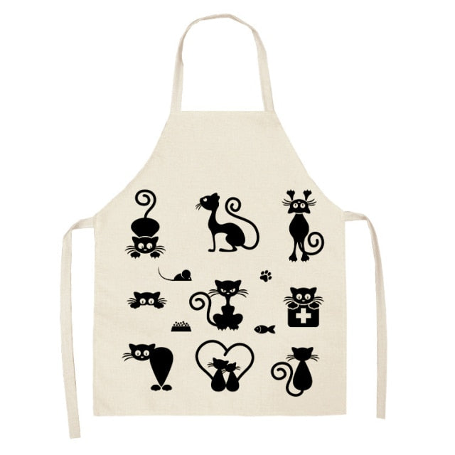Black Cute Cat Printed Kitchen Cooking Baking Aprons Sleeveless Cotton Linen For Women Man Home